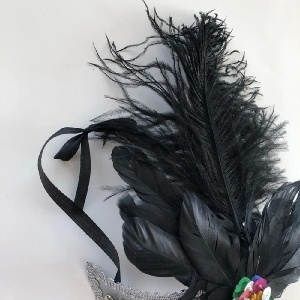 Masquerade Mask Black & Silver with Feathers